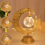 Rotating Ramadan LED Lamp Iron Crescent Moon and Stars Eid Mubarak Night Light for Middle Eastern Home Decor Tabletop Light