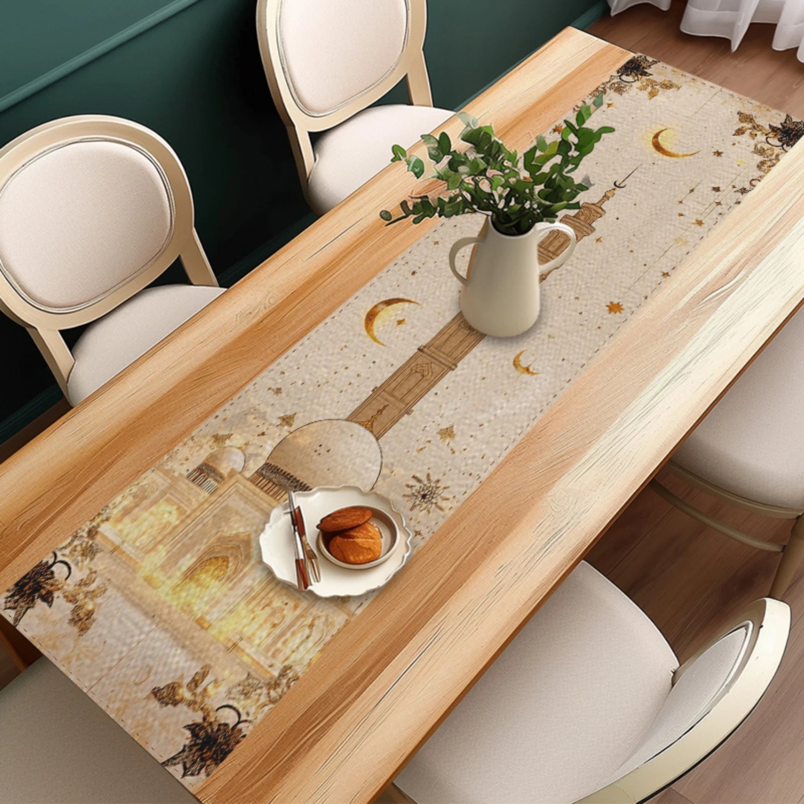 Islamic Ramadan Table Runner with Islamic Mosque Minaret & Crescent Moon Star