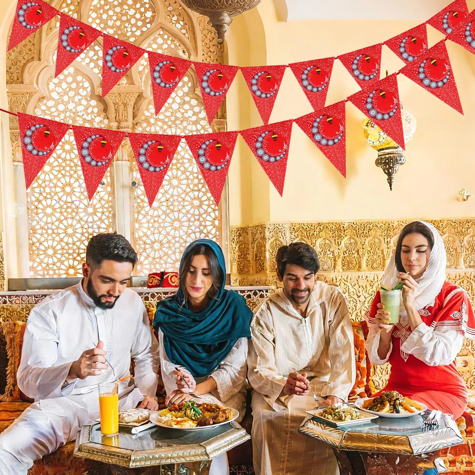 Ramadan Mubarak Banner Bunting Red Triangle Banner Garland with Lantern Moon Sign Eid Mubarak Festival Celebration Party