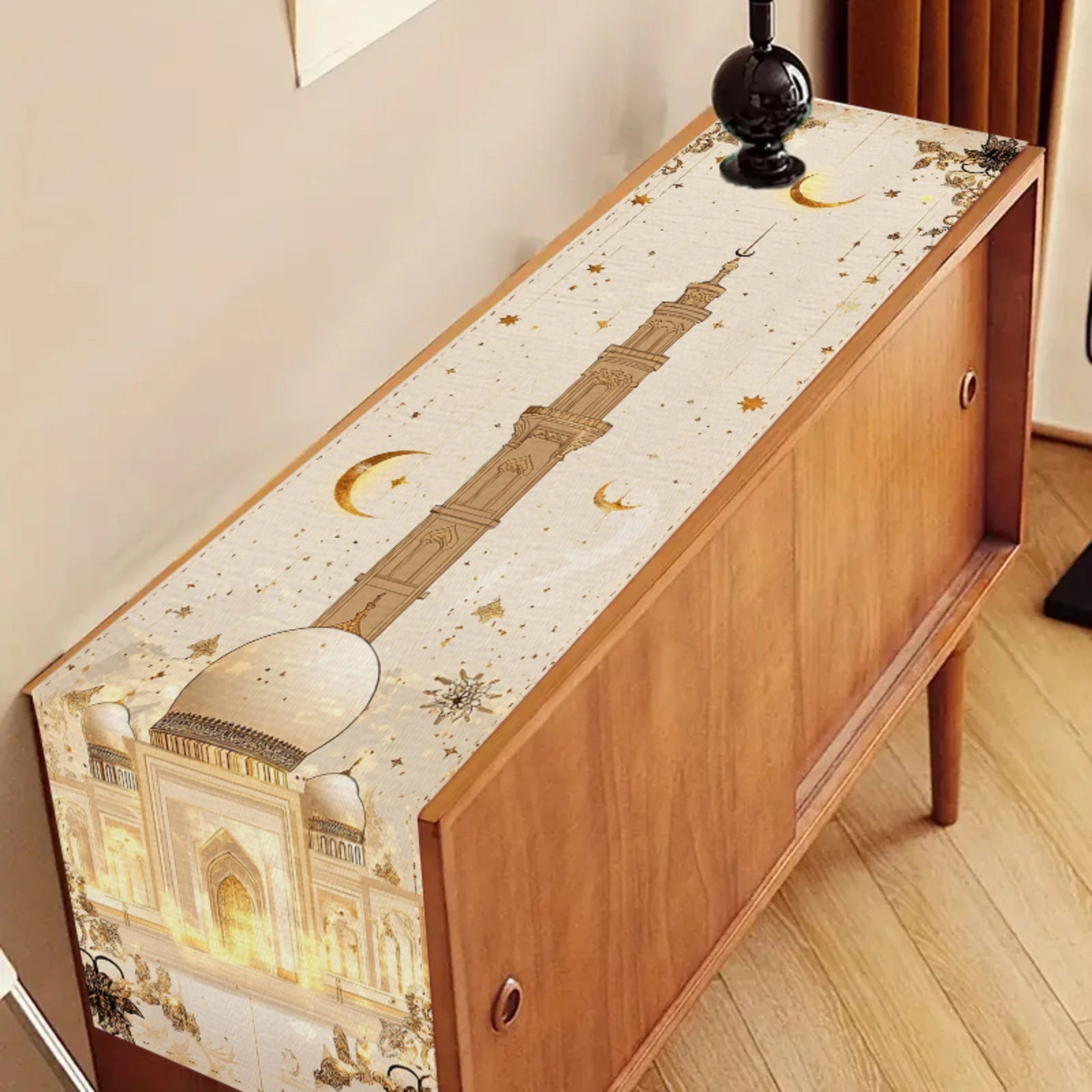 Islamic Ramadan Table Runner with Islamic Mosque Minaret & Crescent Moon Star
