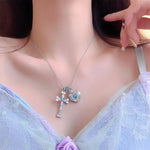 Cross Love Pendant Ice Blue Full Zirconia Necklace Fashion Jewelry High End Clavicle Chain