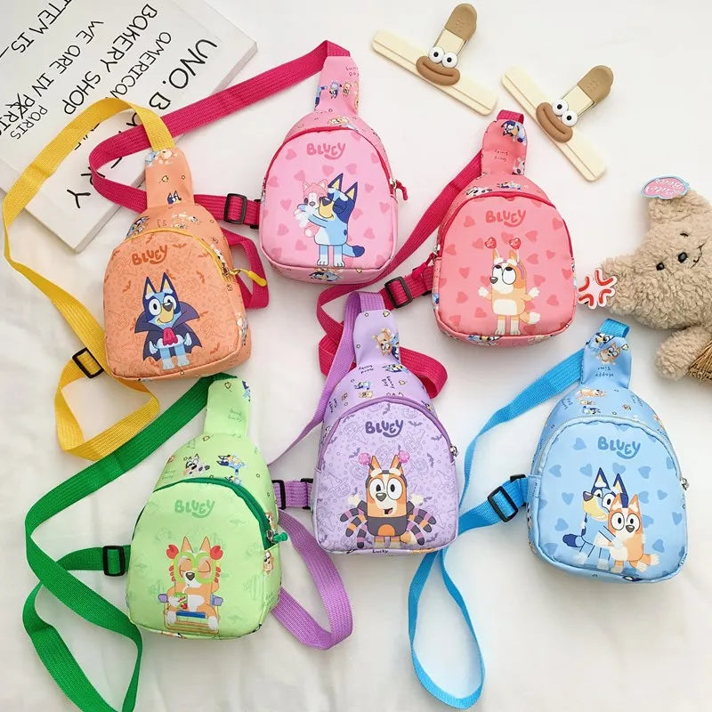 Bingo Friends Children's Bag Cute Bluey Family kids Chest Bag Kindergarten Cartoon Light Crossbody Bag.