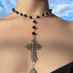 Y2K Jewelry Black Beads Crystal Cross Pendant Necklace Women Goth Accessories.