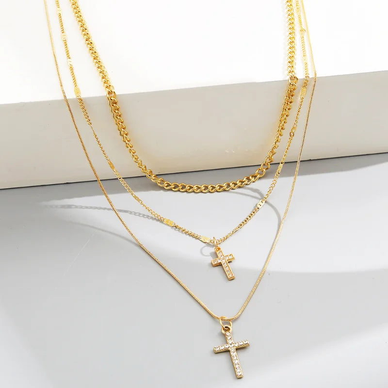 Cross Necklace Triple Chain Statement Necklace with Zircon Crystal Cross Pendant Jewelry Gifts for Women & Teen Girls.