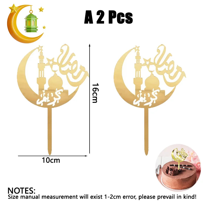 Ramadan Eid Mubarak Gold Acrylic Cake Topper Set Muslim Ramadan Holiday Party Cake Decorations Party Home Decoration