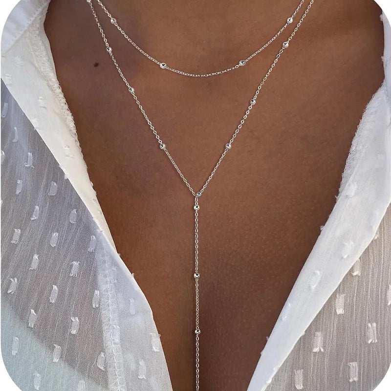 Gold Plated Lariat Necklace for Women, Double Laryered Long Chain Drop Pendant Choker Fashion Gifts