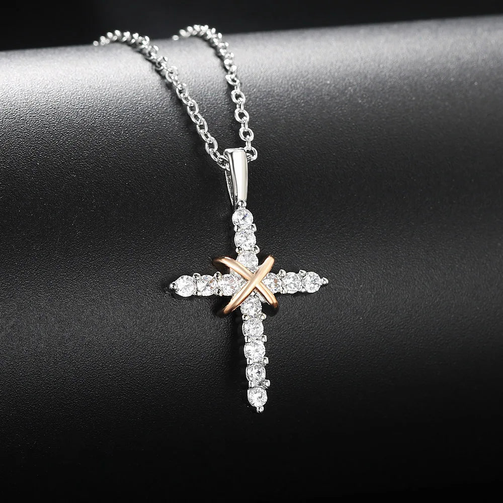 Cross Pendant Necklace For Women Iced Out Crystal Silver Plated Chain Collar Choker Necklace.