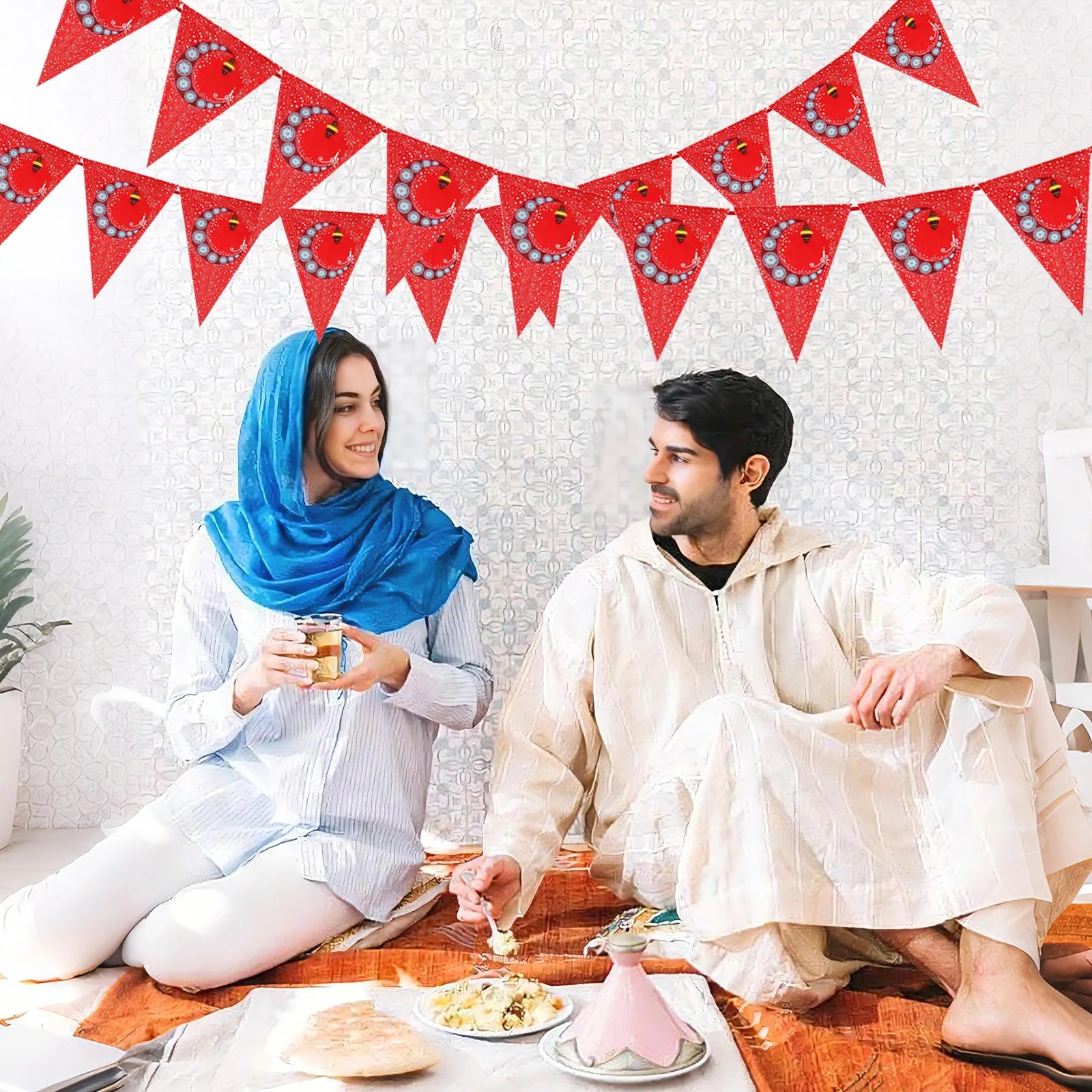 Ramadan Mubarak Banner Bunting Red Triangle Banner Garland with Lantern Moon Sign Eid Mubarak Festival Celebration Party