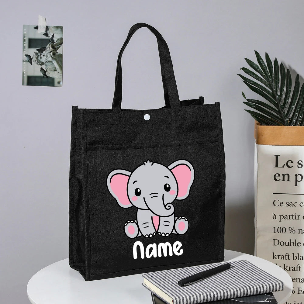 Personalized Kids Library Tote Bags Homeschool Cute Animal with Name Reading Books Bag.