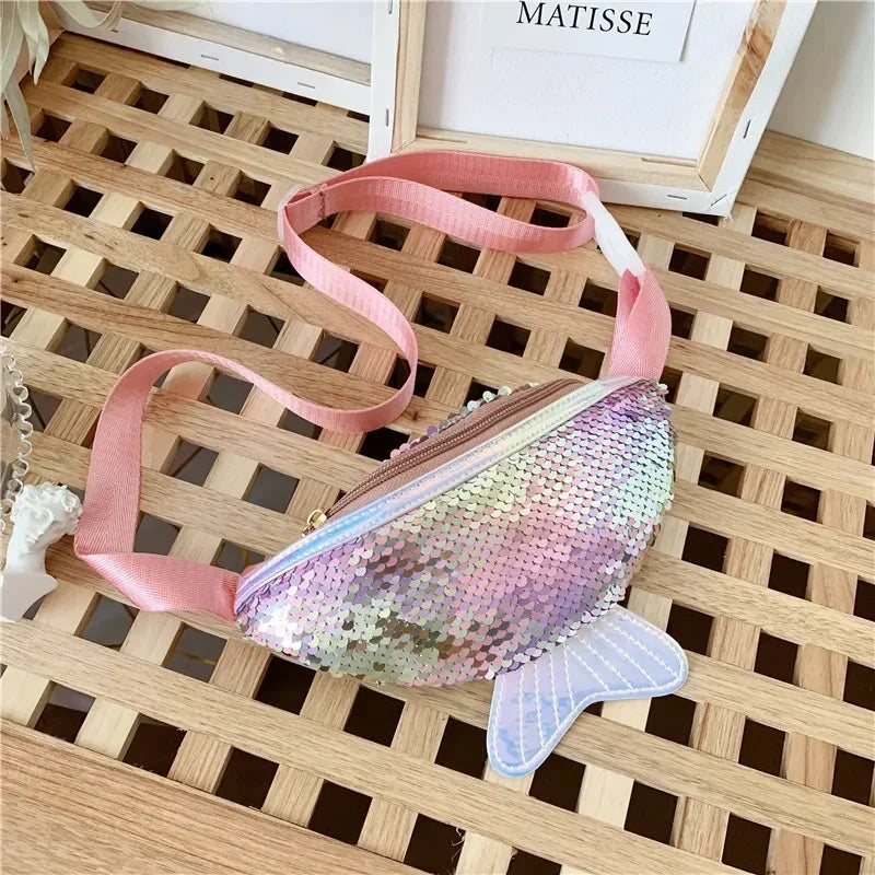 Fashion Kids Bag Sequin Fanny Pack for Girl- Coin Purse Small Belt Bag Shiny Mermaid Waist Pack Children Beach Bags