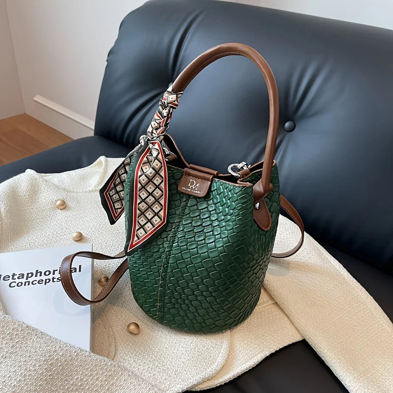 Fashionable Women's Bucket Bag, Stylish Solid Color Woven Effect Handbag.