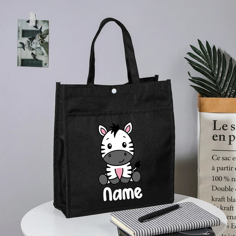 Personalized Kids Library Tote Bags Homeschool Cute Animal with Name Reading Books Bag.