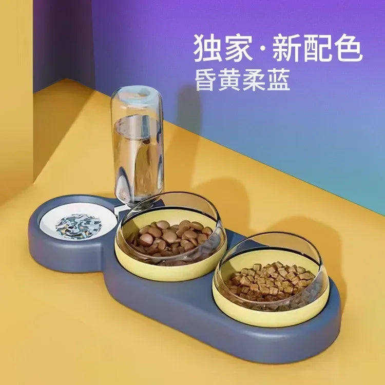 Pet Cat Food Bowl, Splash - Water proof, Three Bowl Neck Protection, Automatic Feeder, Water Storage Dispenser