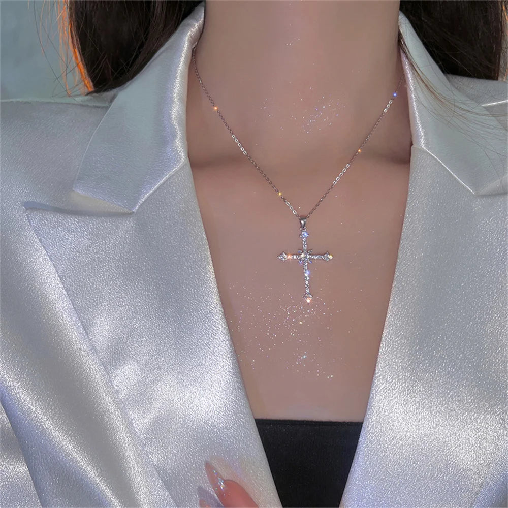 Elegant Crystal Cross Pendant Necklace Silver Color Star Ladies Fashion Jewelry