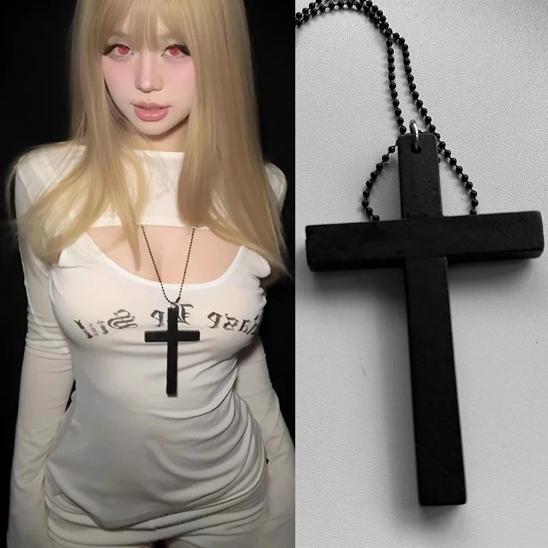 New Gothic Cool Y2K Wood Cross Pendants Necklaces Unisex Charm Chain Choker Necklace Fashion Jewelry