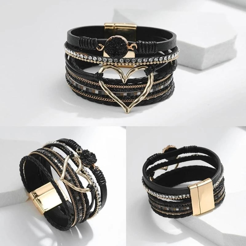 Bracelet for Women Bohomian Leather Wrap Multi-Layer Heart Bangle Jewelry Gift Fashionable Wrist Accessory