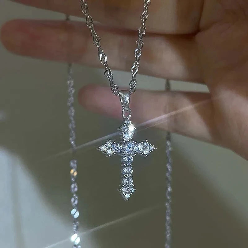 Shiny Crystal Zircon Cross Pendant Necklace for Women Girls Punk Silver Color Thin Chain Necklace