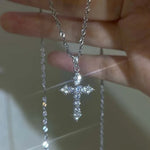 Shiny Crystal Zircon Cross Pendant Necklace for Women Girls Punk Silver Color Thin Chain Necklace