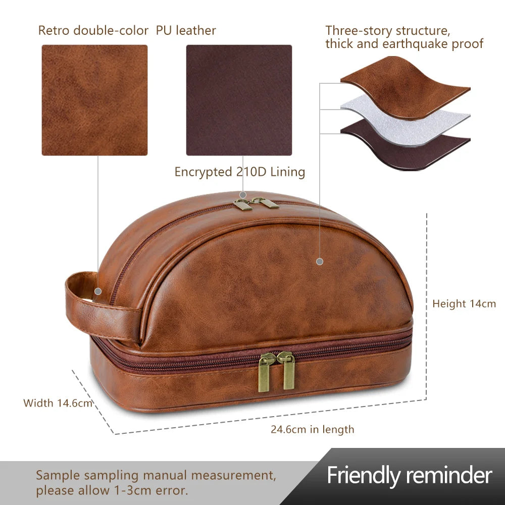 Men's leather makeup bag for travel men's high-end sense large capacity storage bag.
