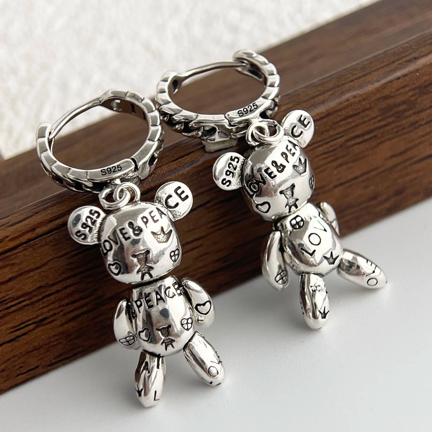 925 Sterling Silver Geometric Retro Bear Earrings for Women