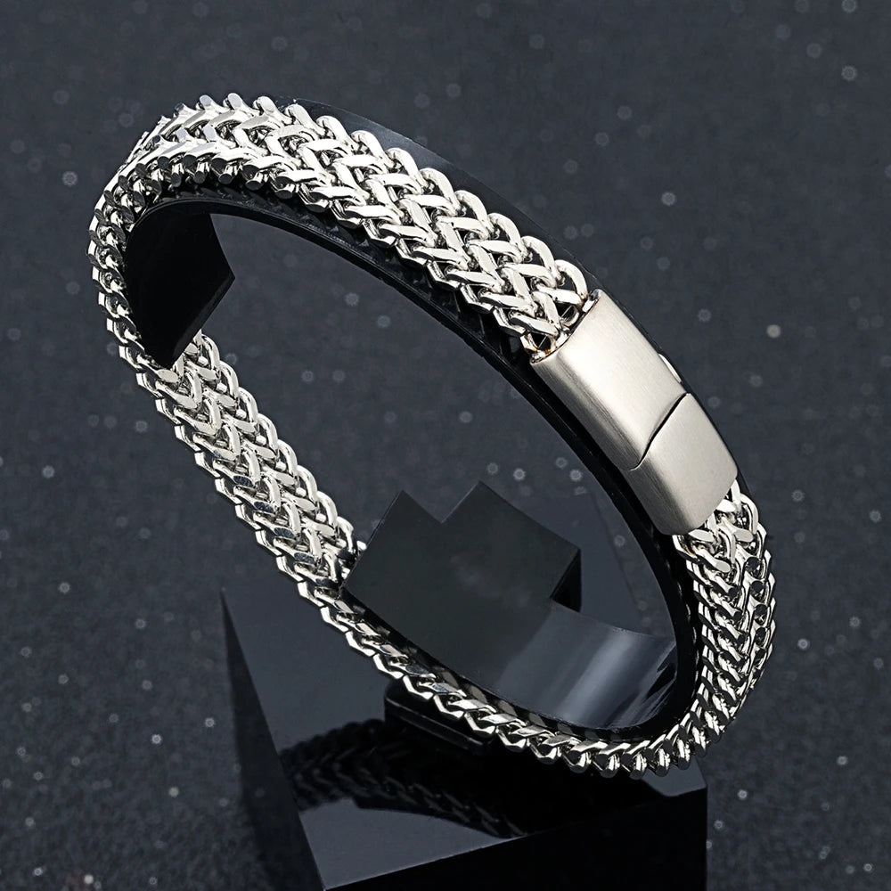 MKENDN 8MM Blue Stainless Steel Curb Chain Bracelet Men Women.