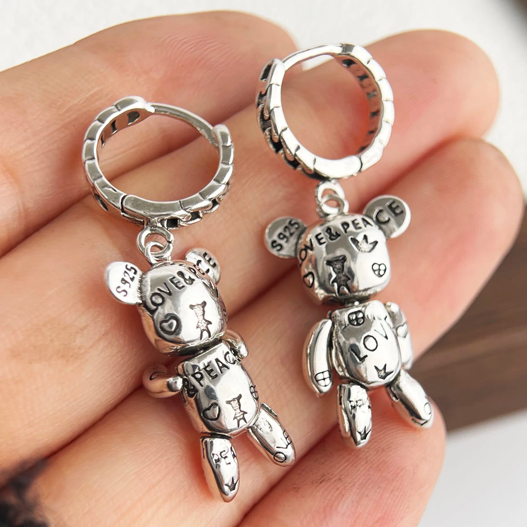 925 Sterling Silver Geometric Retro Bear Earrings for Women