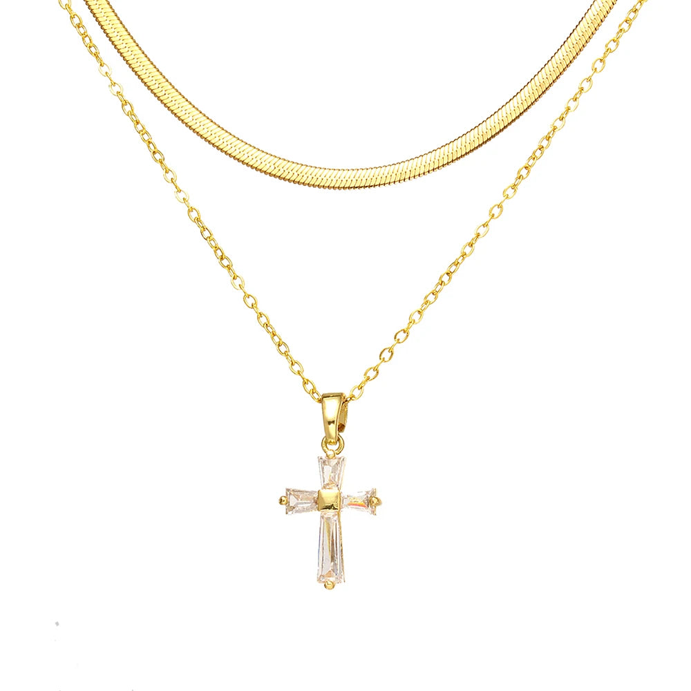 Women's High-End Heart-Shaped Necklace with Zircon Cross Pendant Stainless Steel Collarbone Chain Fashionable Jewelry