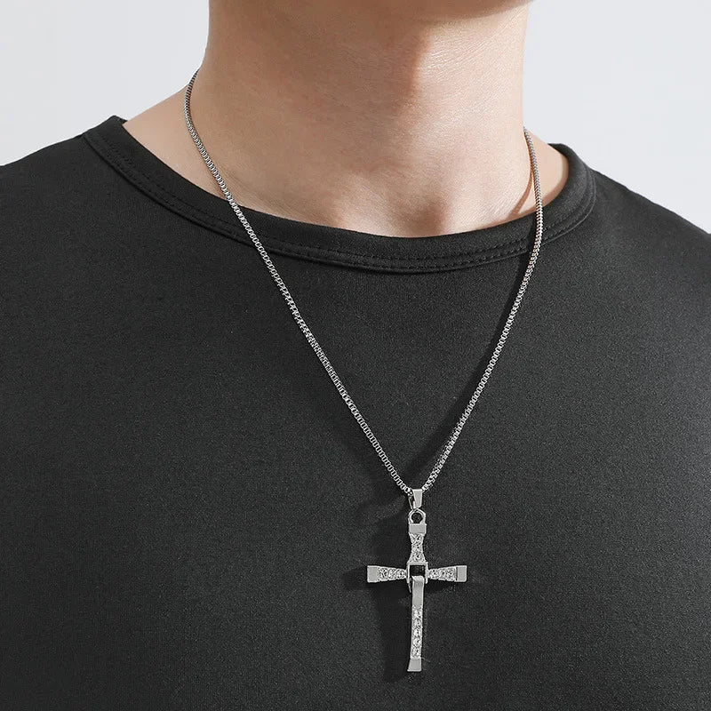 Religious Cross Necklace Iced Out Crystal Pendant Titanium Steel Cuban Chain Men's Trendy Jewelry