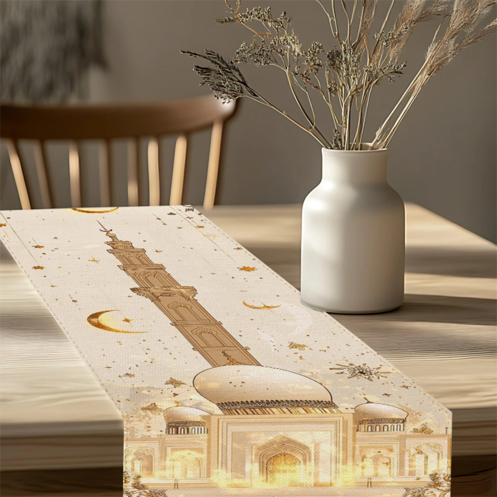 Islamic Ramadan Table Runner with Islamic Mosque Minaret & Crescent Moon Star