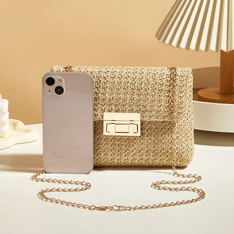 Fashion Straw Women Chain Shoulder Bag Woven High Capacity Buckle Closure Clutch Handmade Crossbody Bag Women