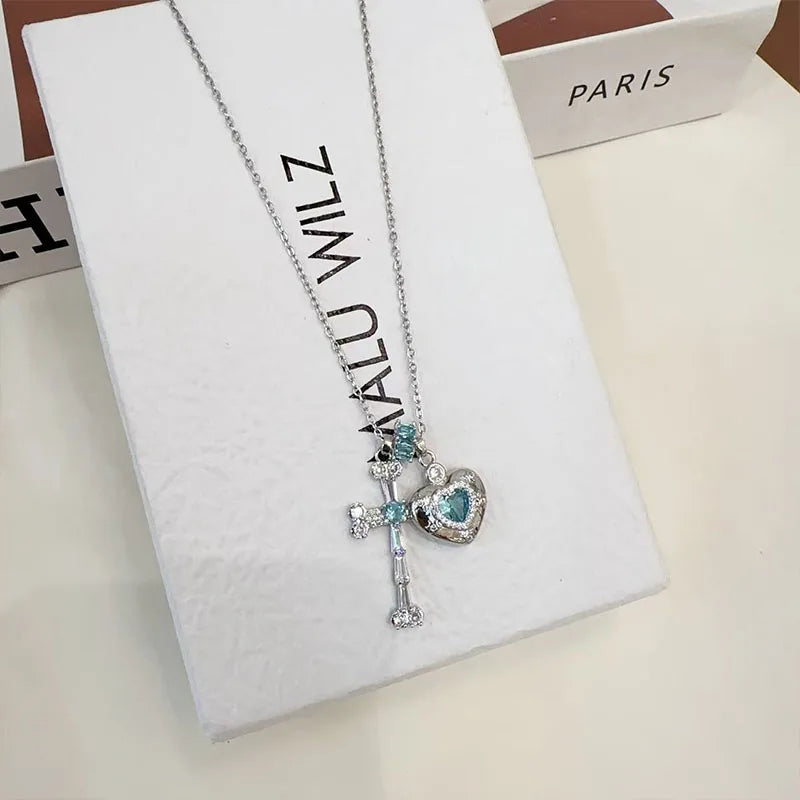 Cross Love Pendant Ice Blue Full Zirconia Necklace Fashion Jewelry High End Clavicle Chain