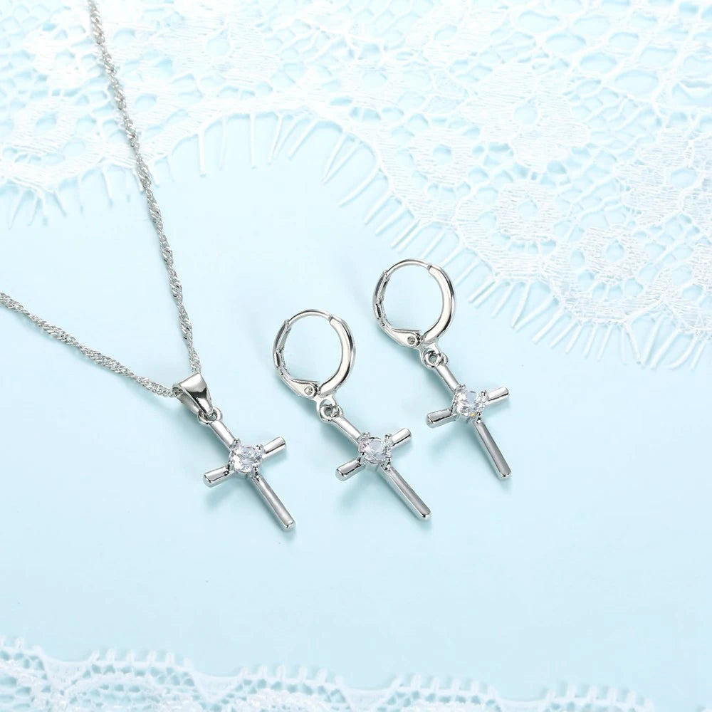 925 Sterling Silver Stamped Necklaces Earrings Cross Shape Classic Fashion Jewelry Set.
