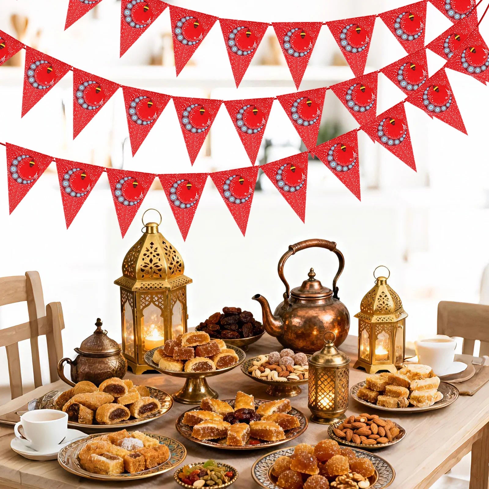 Ramadan Mubarak Banner Bunting Red Triangle Banner Garland with Lantern Moon Sign Eid Mubarak Festival Celebration Party