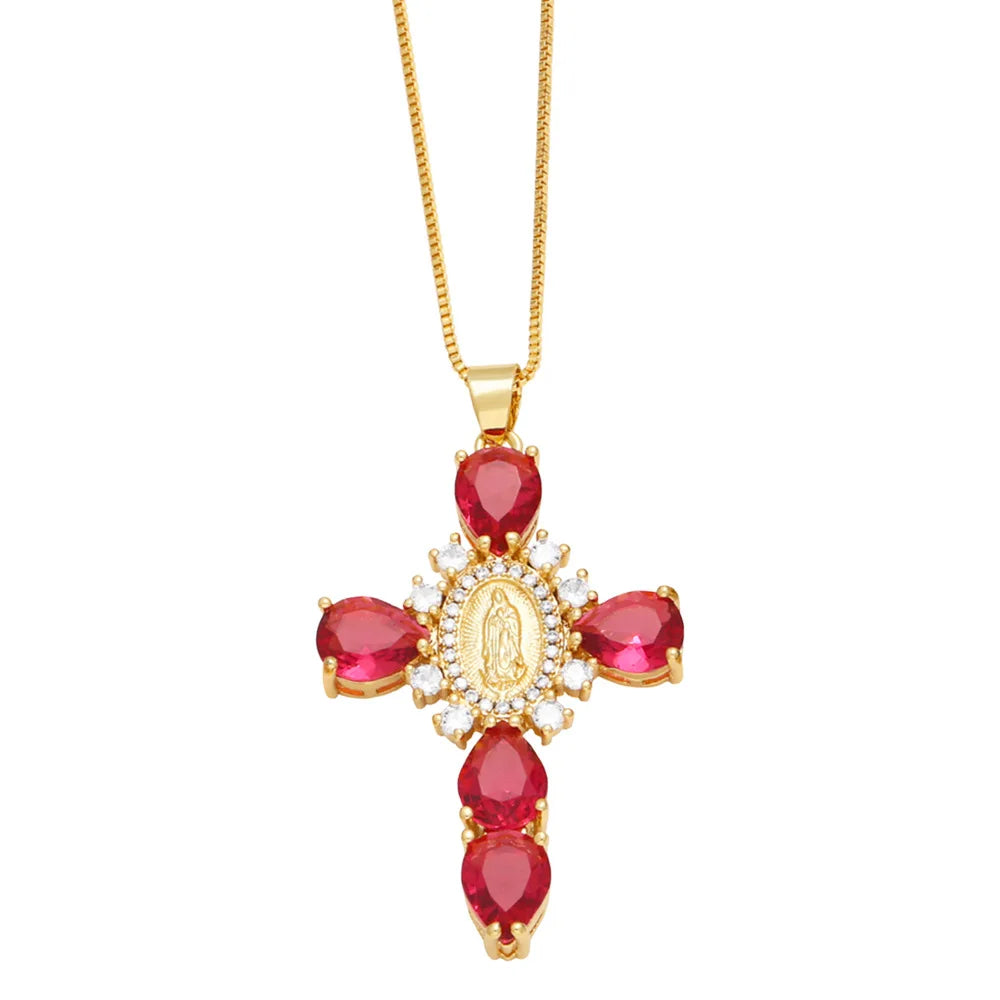 Jesus Cross Necklace for Women Men Retro Copper Zircon Colorful Cross Virgin Mary Pendants Jewelry