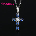 Christian Jesus 925 Sterling Silver Cross Necklace Shining AAA Blue Cubic Zircon Choker Pendants for Women Men Jewelry