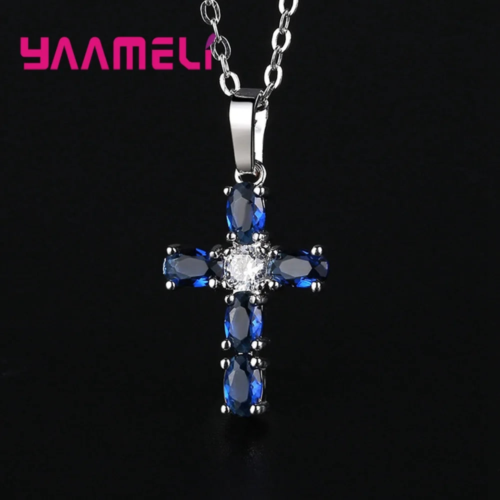 Christian Jesus 925 Sterling Silver Cross Necklace Shining AAA Blue Cubic Zircon Choker Pendants for Women Men Jewelry
