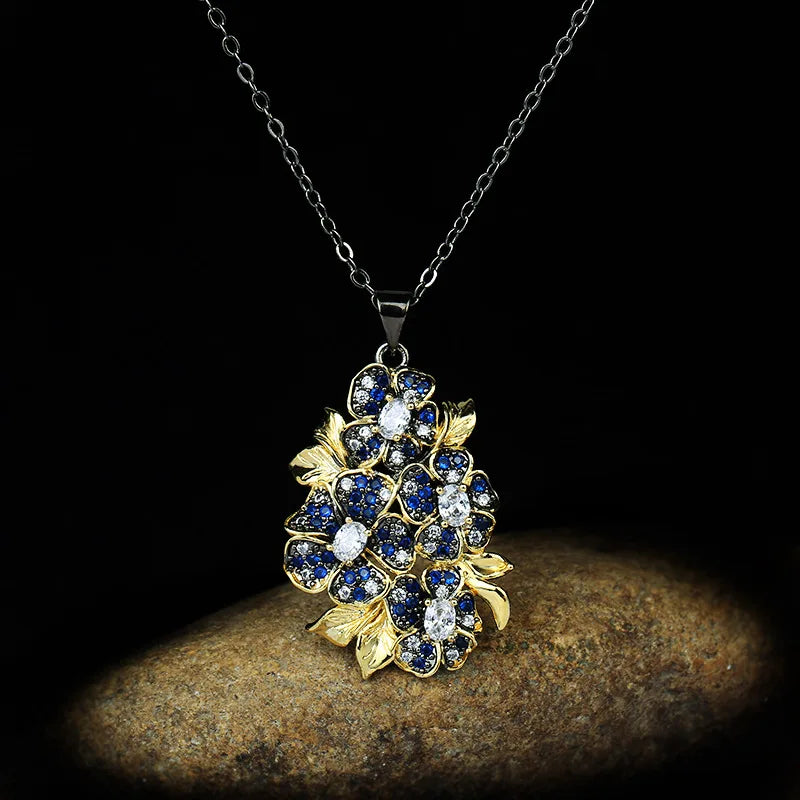 Choker Necklac for Women New Blue Zirconia Inlaid Pendent Flower Shape Clavicle Link Chain Women's Gifts