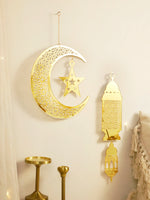 Gold Ramadan Acrylic Moon Hanging Ornaments with Hollow Mesh Star, Eid Mubarak Muslim Decor, Lanterns Wall Decor, Ramadan Kareem