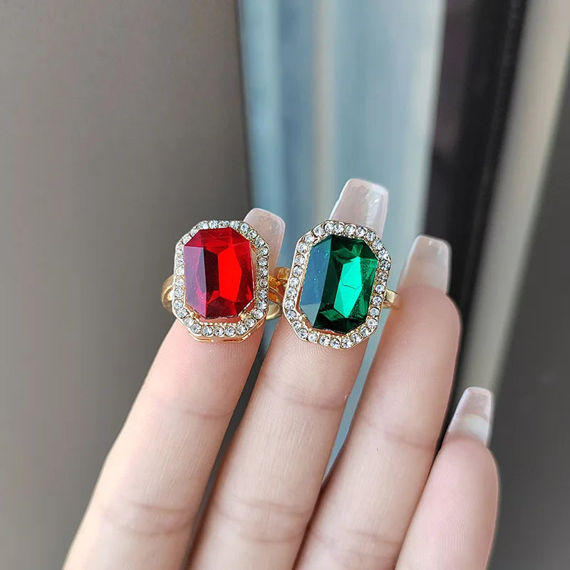 Luxury Ruby Emerald Ring For Women Adjustable Wide Face Men's Ring Jewelry Zircon Shiny Fine Jewelry