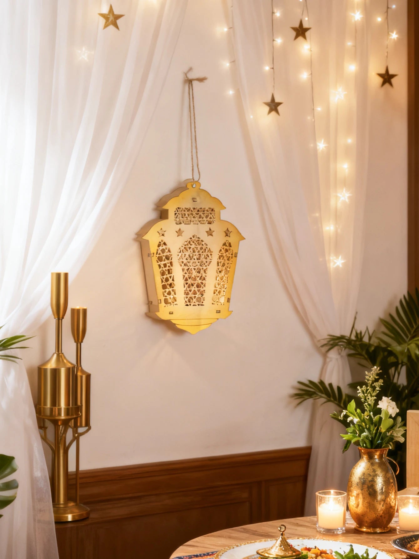 Ramadan Lantern Decor Wooden Hollowed Star Pattern