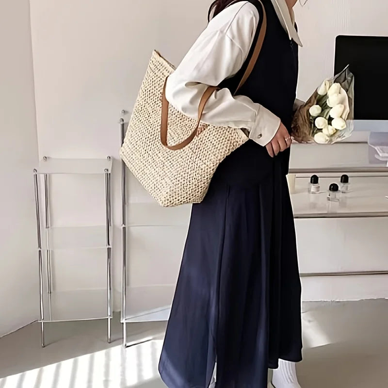 Chic Handbag Beige Large-Capacity Woven Handbag
