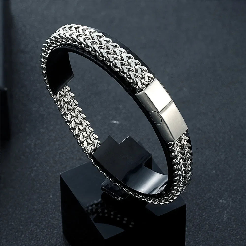 MKENDN 8MM Blue Stainless Steel Curb Chain Bracelet Men Women.