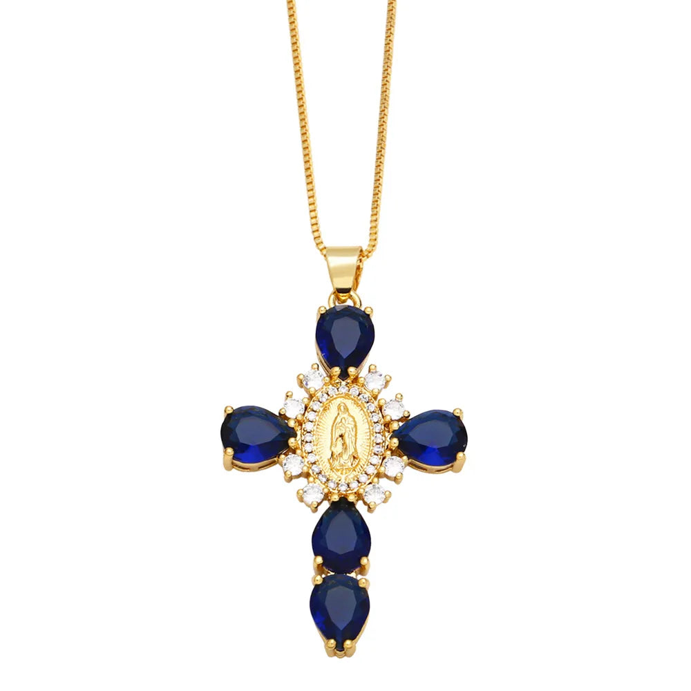 Jesus Cross Necklace for Women Men Retro Copper Zircon Colorful Cross Virgin Mary Pendants Jewelry