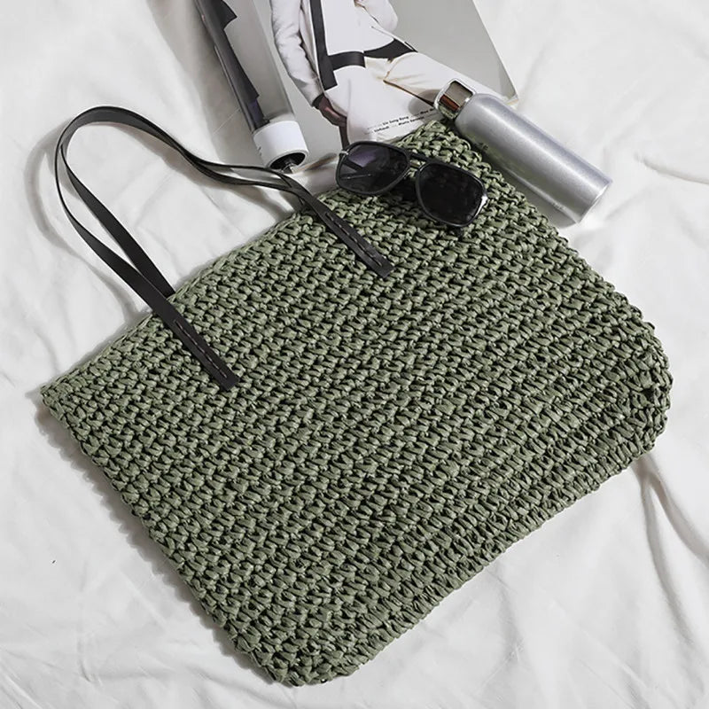 Women Handbag Summer Beach Bag Rattan Woven Handmade Knitted Straw Large Capacity.