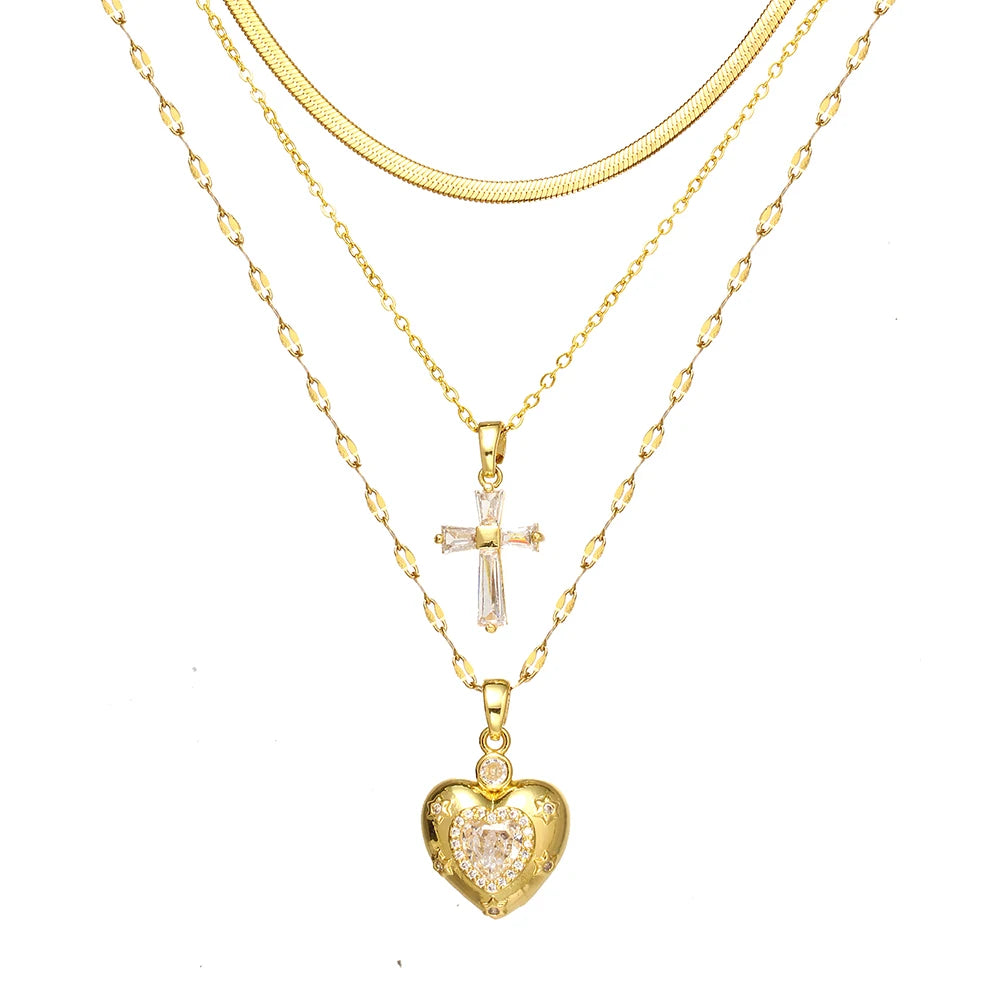 Women's High-End Heart-Shaped Necklace with Zircon Cross Pendant Stainless Steel Collarbone Chain Fashionable Jewelry