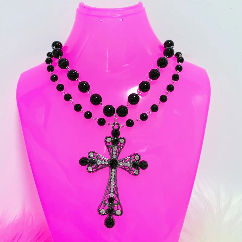 Y2K Jewelry Black Beads Crystal Cross Pendant Necklace Women Goth Accessories.