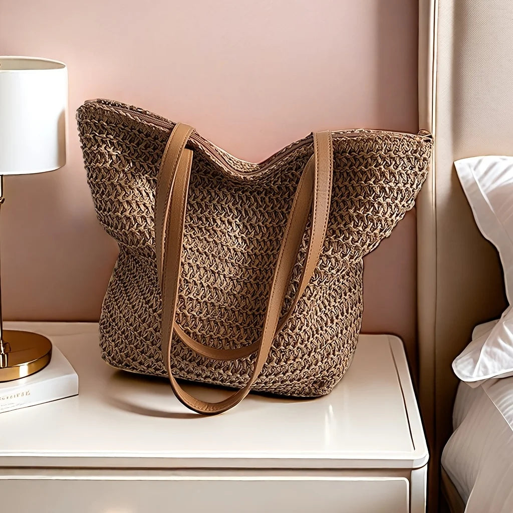 Chic Handbag Beige Large-Capacity Woven Handbag