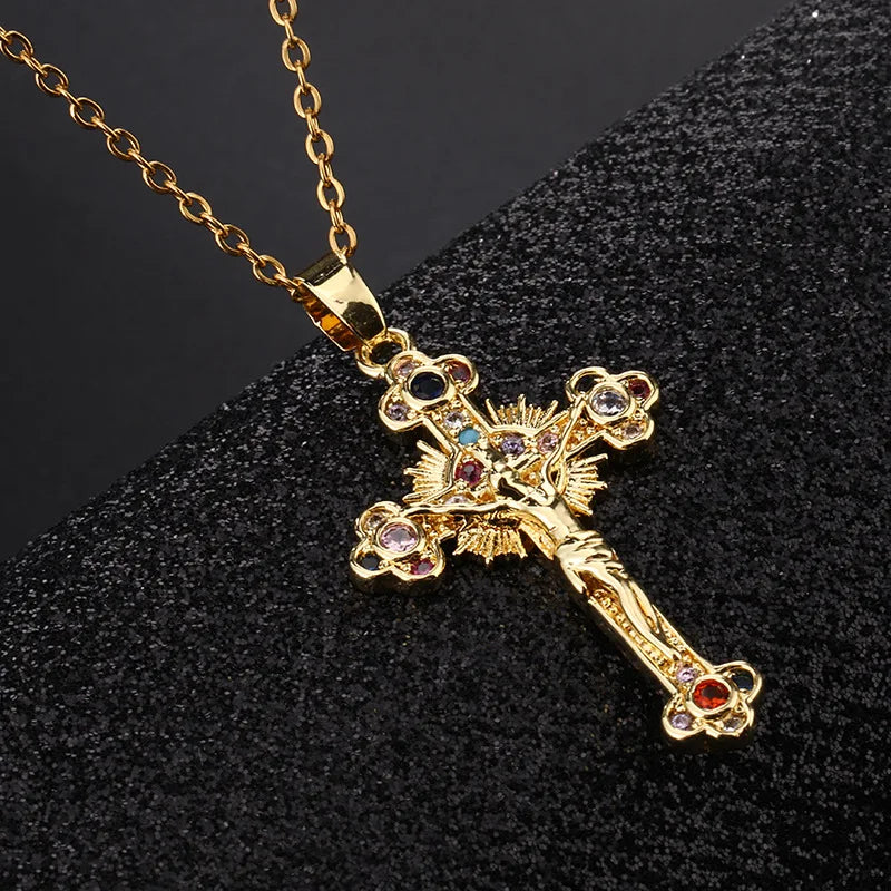 Jesus Cross Necklace for Women Men Retro Copper Zircon Colorful Cross Virgin Mary Pendants Jewelry