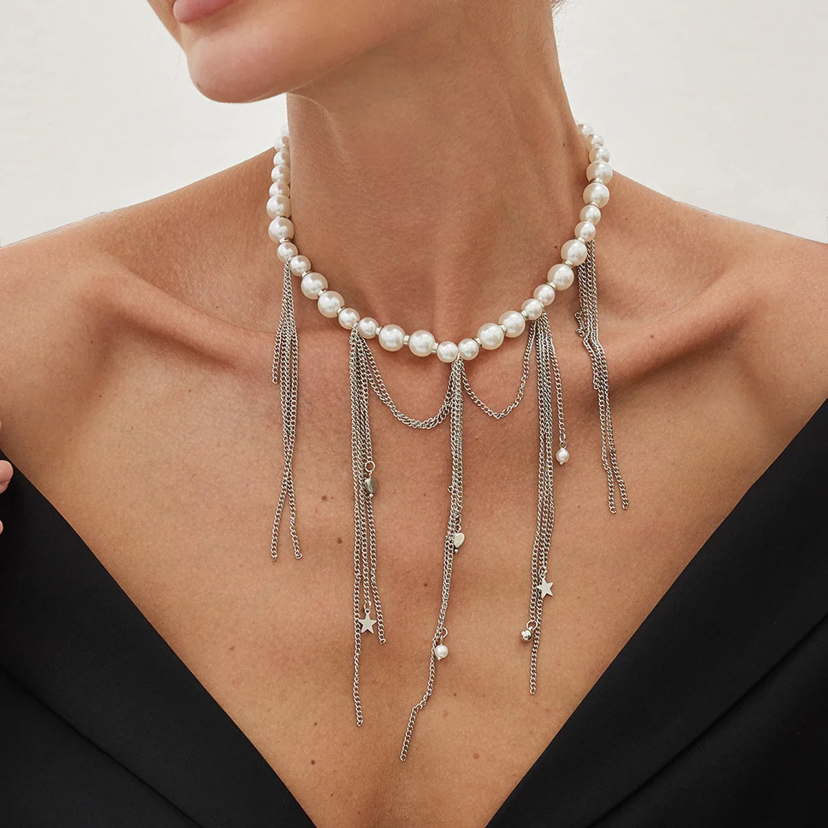 Necklaces for Women Heart-shaped Cross Imitation Pearl Tassel Long Necklace Colliers Femmes Girl Stuff