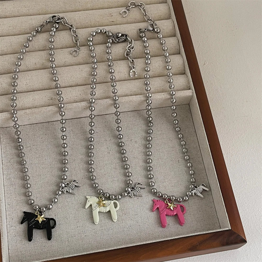 Colorful Enamel Colt Horse Pendant Necklaces for Women Silver Plated Alloy Beads Chain Chokers
